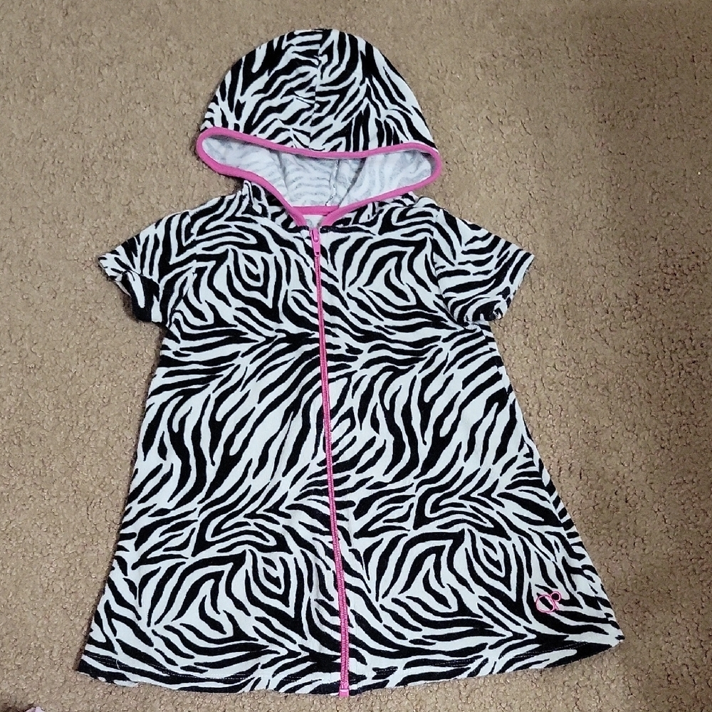 OP Girls Zebra Beach Hooded Swim Suit Cover Up Size XS/XCH 4-5